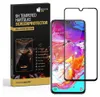 A product shot of a phone screen protector packaging and the screen protector itself placed over a smartphone. Produktbild-Vorschau