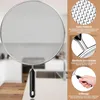 A splatter screen with a black handle, displayed in a kitchen setting with close-up insets highlighting its features. Produktbild-Vorschau