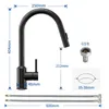 Diagram showing the dimensions and specifications of a black kitchen faucet. Produktbild-Vorschau