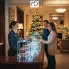A hotel lobby decorated for Christmas with a receptionist and guests. Podgląd zdjęcia produktu