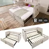 A multi-panel image showing a convertible sofa bed in beige, with close-ups of its extended bed frame and icons representing charging features. Podgląd zdjęcia produktu