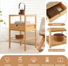 A collage of images showing a bamboo nightstand with its features and details, along with icons representing different uses. Náhled obrázku produktu