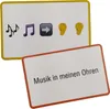 Two cards are shown, one on top of the other. The top card has emojis related to music and hearing. The bottom card has text in German. Produktbild-Vorschau