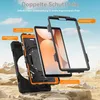 A tablet case and screen protector are shown in an exploded view against a rocky, outdoor background. Produktbild-Vorschau