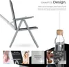 A marketing image showcasing a gray folding chair with various feature callouts and text. Voir les images du produit