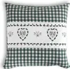 A square pillow with a green and white gingham pattern and embroidered hearts. Produktbild-Vorschau
