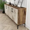 A modern sideboard with a marble front and wooden sides, placed in a room with a plant and decor. Podgląd zdjęcia produktu