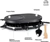 A raclette grill with various accessories, presented with labels pointing to different parts and functions. Produktbild-Vorschau