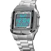 A silver digital watch with a blue display is shown against a white background. Náhľad obrázku produktu