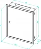 A technical drawing of a white recessed telecommunications cabinet with dimensions indicated. Produktbild-Vorschau