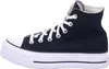 A side view of a black Converse Chuck Taylor All Star high-top sneaker with a white platform sole and white laces. Voir les images du produit