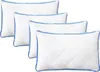 Four white pillows with blue trim are arranged diagonally. Produktbild-Vorschau