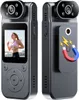 A collage of two views of a small, portable camera, one showing the screen displaying a woman running, and the other showing the back with a magnetic clip and a graphic of a magnet. Náhled obrázku produktu