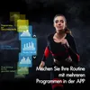 A woman running in athletic wear, with overlaid graphics showing different training programs. Produktbild-Vorschau