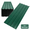 A stack of green corrugated metal sheets and one sheet laid out diagonally.