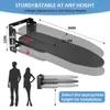 Diagram showing the dimensions and height adjustments of a wall-mounted ironing board, with silhouettes of a man and woman for scale. Produktbild-Vorschau