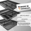 A collage of different drawer organizers with text overlays highlighting features and origin. Produktbild-Vorschau