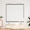 A projection screen is hung on a white wall above a wooden media console. Náhled obrázku produktu