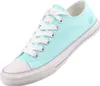 A single aqua canvas sneaker with white laces and a white sole, shown from a diagonal angle against a white background.