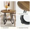 A round dining table with a wooden top and black metal legs, set in a dining room with chairs and a vase of flowers. The image is divided into sections highlighting product features. Produktbild-Vorschau