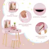 Collage of images showing a pink children's vanity set with a stool, highlighting its features with text overlays. Podgląd zdjęcia produktu