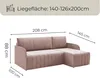 A diagram showing the dimensions of a pink sofa with a chaise lounge. Podgląd zdjęcia produktu