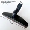 A black vacuum cleaner attachment with bristles is shown on a white background, with dimensions and weight information displayed. Produktbild-Vorschau