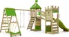A wooden playground set with green accents, including a slide, swings, and a climbing structure, set against a white background. Náhled obrázku produktu