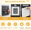 A collage of images showcasing interactive features of a toy kitchen, with text descriptions and icons. Náhľad obrázku produktu