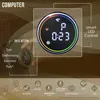 A close-up of a fitness device's display and a hand interacting with it, surrounded by marketing text and icons. Produktbild-Vorschau