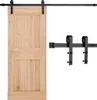 A wooden sliding barn door and its hardware are displayed against a white background. Podgląd zdjęcia produktu