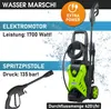 A pressure washer and its accessories are displayed with marketing text and graphics. Produktbild-Vorschau