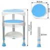 A diagram showing the dimensions and adjustable height of a shower stool. Produktbild-Vorschau