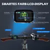 Close-up view of an e-bike handlebar display and controls, with labels indicating various functions. Produktbild-Vorschau