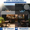 A split image showing a cafe awning in sunny and rainy conditions, with text highlighting its protective features. Produktbild-Vorschau