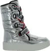 A studio shot of a single silver boot.