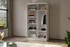 A white wardrobe with clothes and accessories inside, placed in a room with a window and a rug. Produktbild-Vorschau