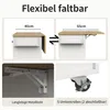 A collage of images showing a kitchen cart with its table extended and retracted, a close-up of the folding mechanism, and a close-up of the wheels. Produktbild-Vorschau