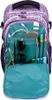 A close-up view of the open front pocket of a glittery purple backpack, revealing various items organized within. Produktbild-Vorschau