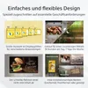 A collage of marketing images showcasing different aspects of a display monitor, including size options, a restaurant display, and installation flexibility. Produktbild-Vorschau