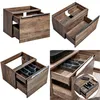 Collage of four images showing different views of a wooden vanity cabinet with drawers and a sink basin. Produktbild-Vorschau