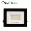 A black LED floodlight with a white face and yellow LEDs, shown against a white background. The brand logo is visible at the top and on the product. Produktbild-Vorschau