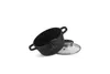 A black speckled pot with two handles and a glass lid with a silver rim, isolated on a white background. Produktbild-Vorschau