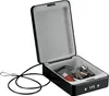 An open black lockbox with a cable attached, containing keys and a USB drive. Podgląd zdjęcia produktu
