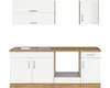 A modular kitchen unit with white cabinets and a wooden countertop, shown against a white background. Náhled obrázku produktu