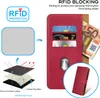 A red flip case wallet with card slots and a cutout for a camera, shown with diagrams explaining RFID blocking technology and material layers. Euro banknotes are also visible. Voir les images du produit