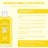 A bottle of BrainMax Omega 3 Cod Liver Oil with text describing its benefits and recommended dosage. Anteprima dell’immagine prodotto