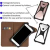 A collage of images showing a brown leather wallet-style phone case with a phone inside, and two separate phone cases with a unique strap design. Produktbild-Vorschau