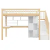 A loft bed with a desk and storage shelves, shown from the front against a white background. Podgląd zdjęcia produktu