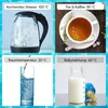 A collage of four images showing different water temperatures and their uses: boiling water in a kettle, tea and coffee in a cup, water at room temperature in a glass, and baby formula in a bottle. Produktbild-Vorschau